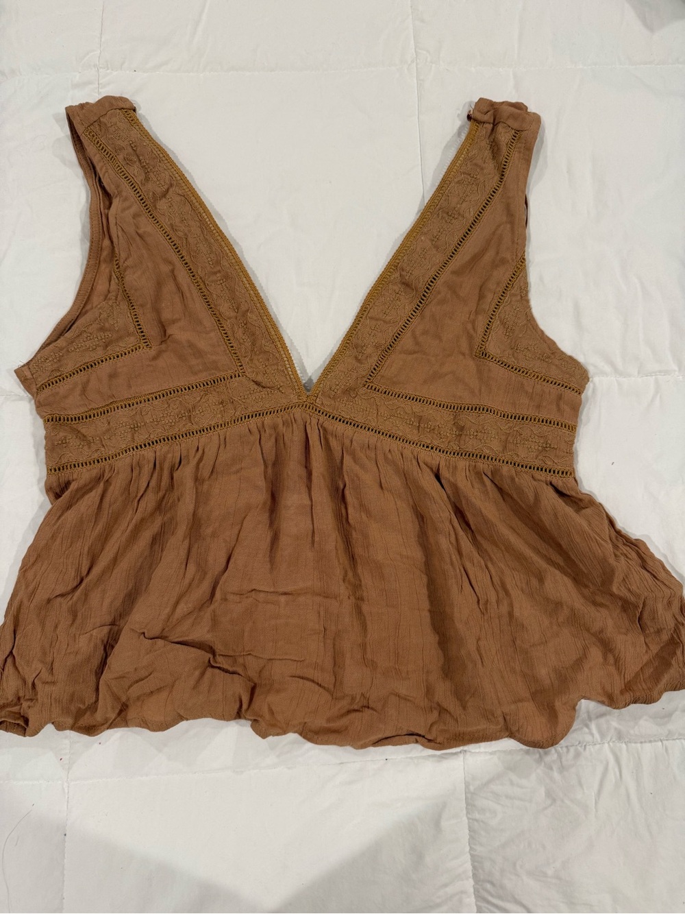 Melrose Brown V-Neck Boho Crochet Trim Cropped Tank Top
